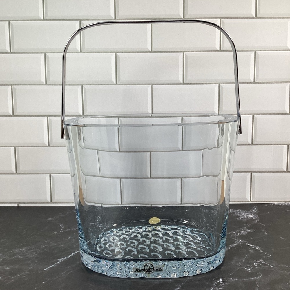 Signed Vintage Swedish Strombergshyttan Thick Glass Ice Bucket Chrome Handle 6"